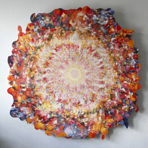 Laughing Mandala 5-7-8 by Connor McManus | Gel transfer, resin, and acrylic paint on birch panel Laughing Mandala 5-7-8